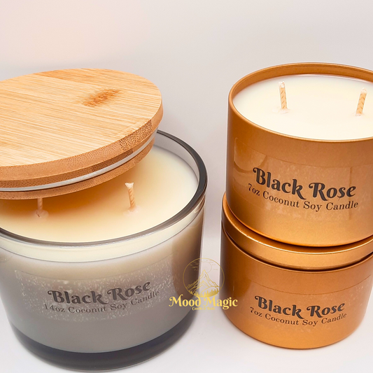 hand poured 7oz and 14oz black rose candles.